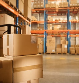 Boxes on a trolley in a warehouse fulfillment center with shelves in the background