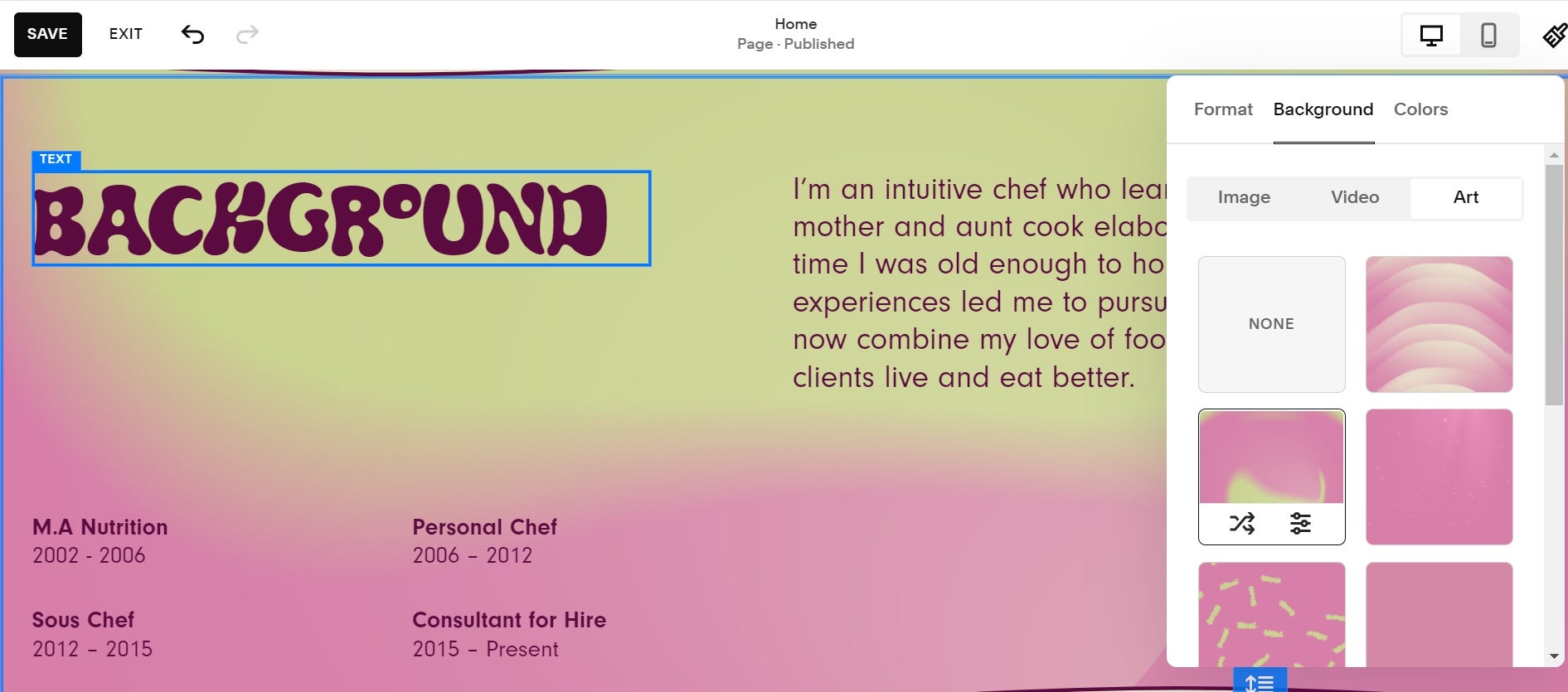 Screenshot of a Squarespace website for a chef showcasing their background