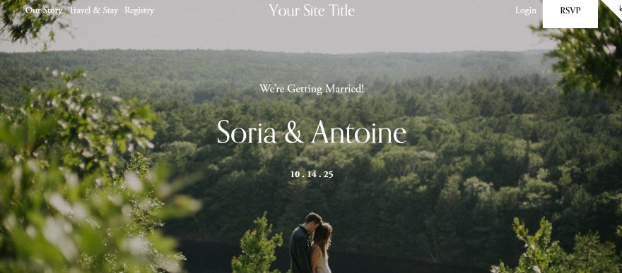 Screenshot of a Squarespace wedding website with a romantic couples hero image in the background