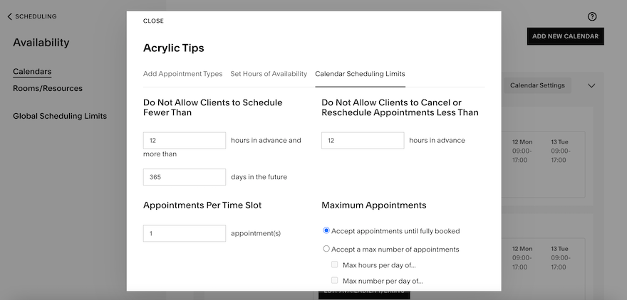 A white popup showing the different scheduling limits that business owners can put in place, such as cancellation and booking timeframes.