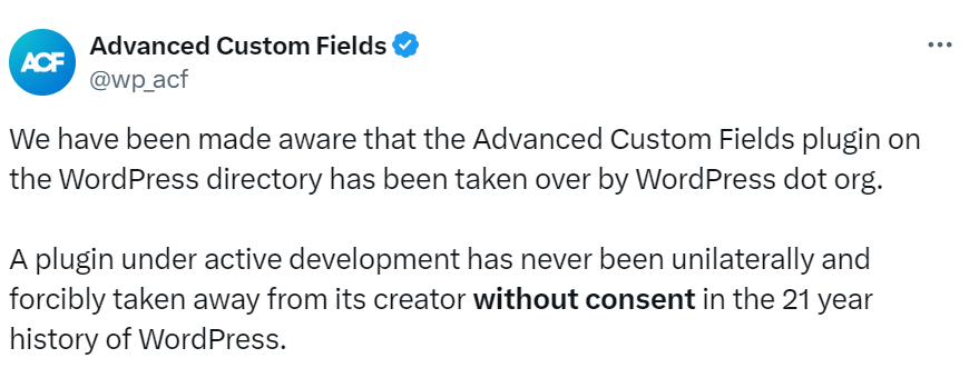 X post by Advanced Custom Fields, a WP Engine plugin about WordPress taking over the plugin