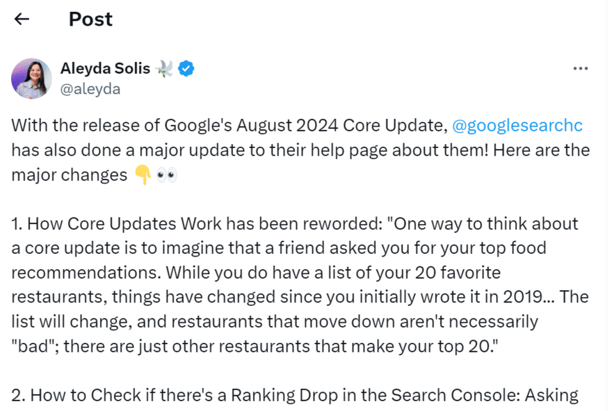 Tweet on X by Aleyda Solis about the Google core update help page update