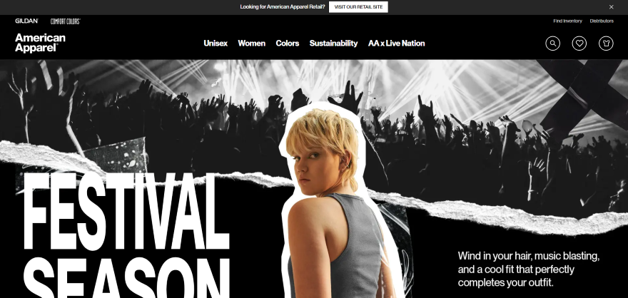 Screenshot of the American Apparel homepage with a hero image of a woman looking towards the camera.