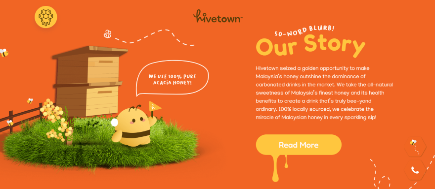 Screenshot of Hivetown's landing page with cartoon bee animations