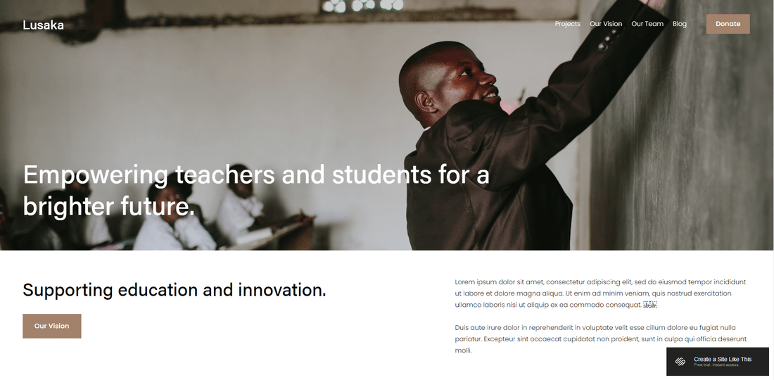 Screenshot of a Squarespace website with a header image of a man at a blackboard and text reading "empowering teachers and students for a brighter future."