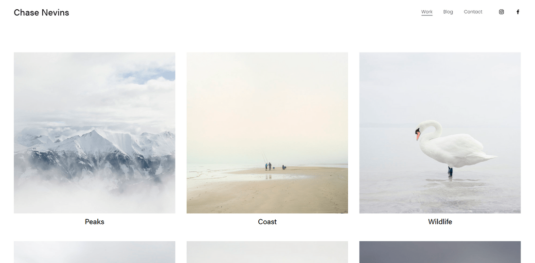 Screenshot of a Squarespace homepage featuring a square gallery collage of photographs