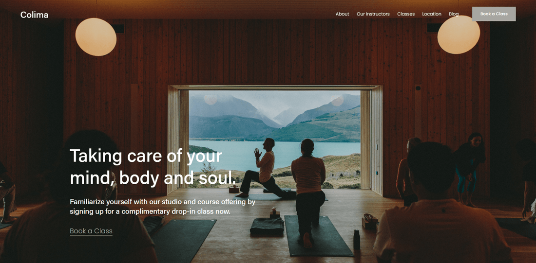 Screenshot of a Squarespace homepage for a local business, with a hero image of a yoga class in the background