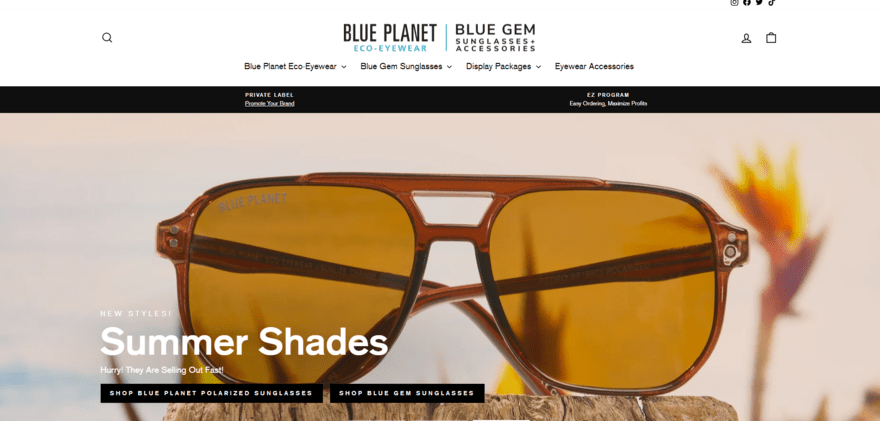 Large image of a pair of brown summer sunglasses on the blue gem home page