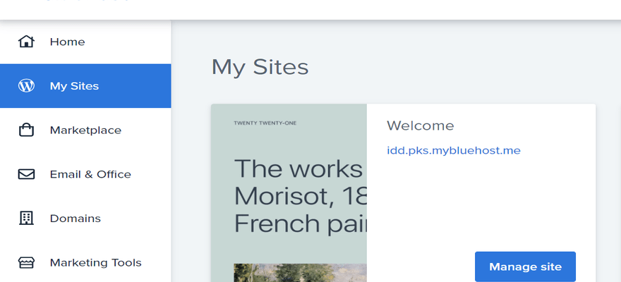Bluehost's backend dashboard, showing existing websites