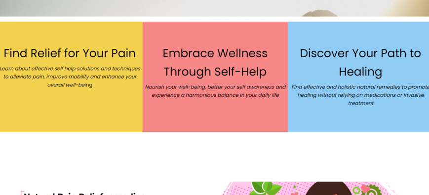 3 coloured blocks describing calmpainrelief's blog