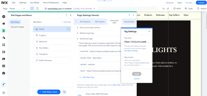 Screenshot of a user navigating the Wix Dashboard settings with various menu options displayed.