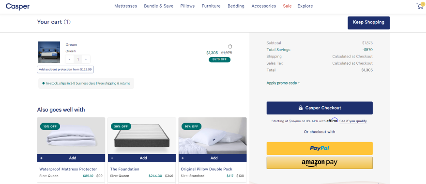 Screenshot of Casper optimized checkout page with different payment methods and recommended goods.