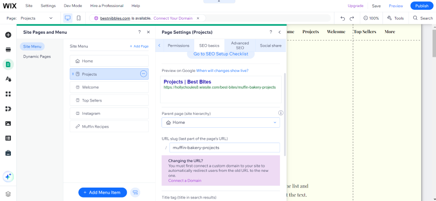 A user interface screen showing a Wix SEO settings panel for optimizing page URL structure.