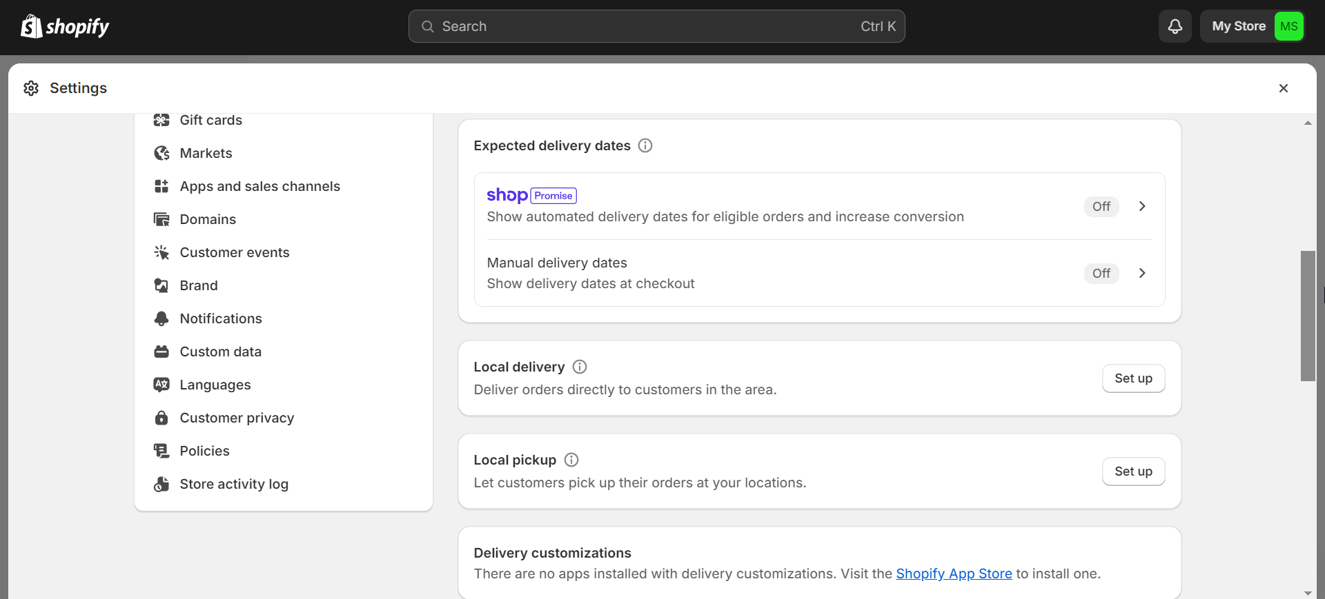 Shopify's shipping settings in the dashboard