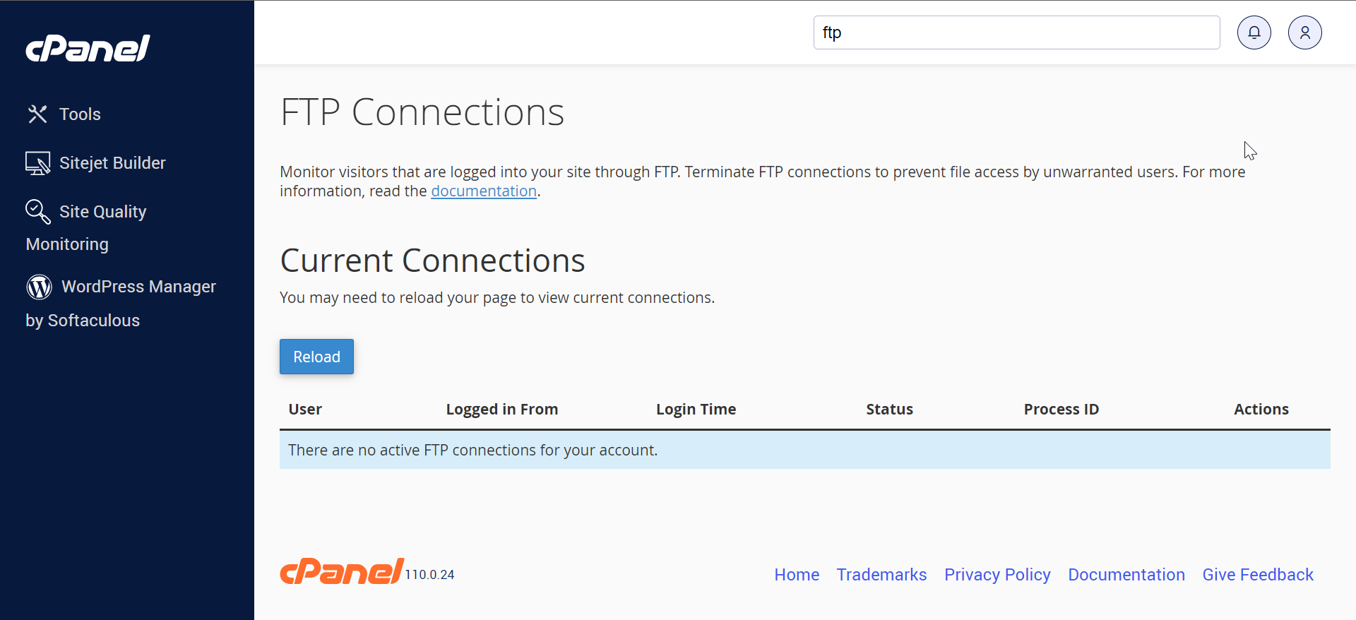 Bluehost ftp connections page in cPanel