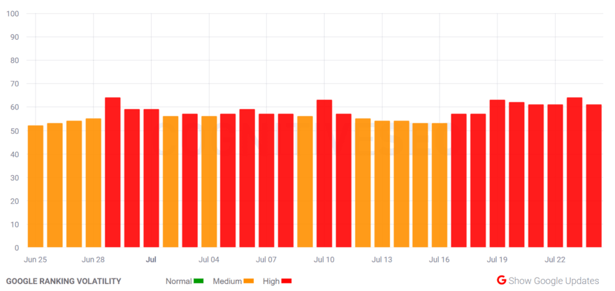 cognitiveSEO table showing Google ranking volatility from June to July 2024