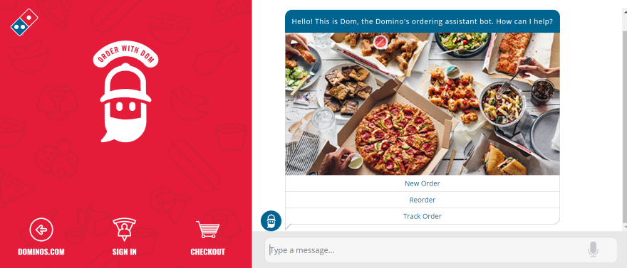 Screenshot of Domino's Chatbot named Dom, with options to order or reorder a pizza