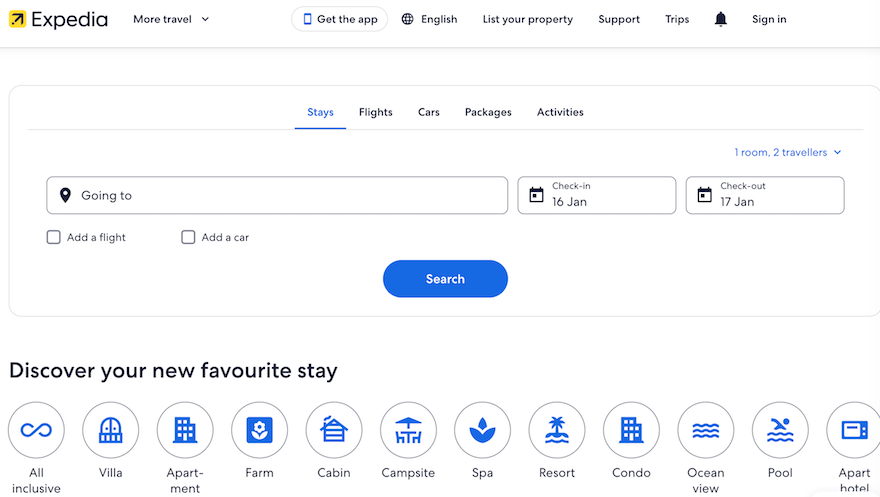 Expedia OTA website screenshot