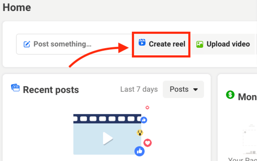 Create reel highlighted on Facebook home