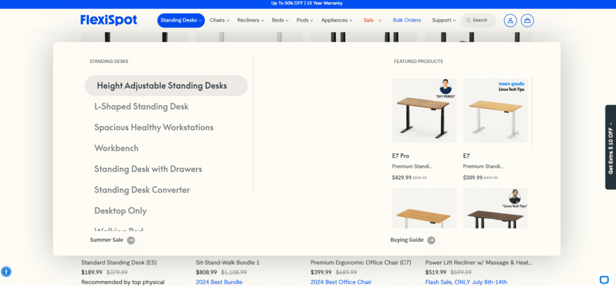 FlexiSpot website showing different product sections