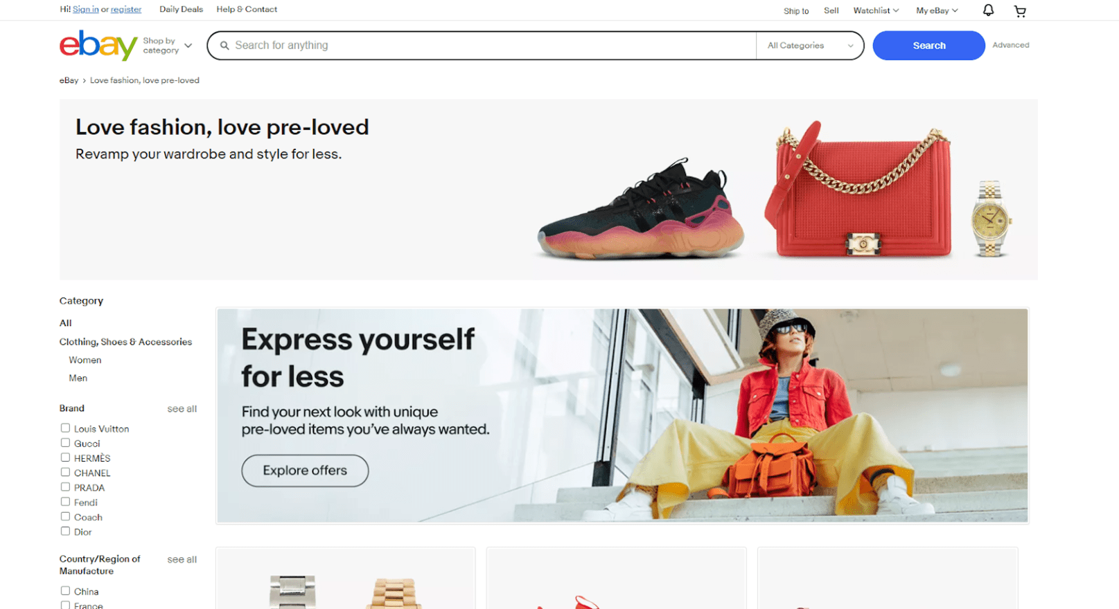 eBay homepage with header that says love fashion, love pre-loved