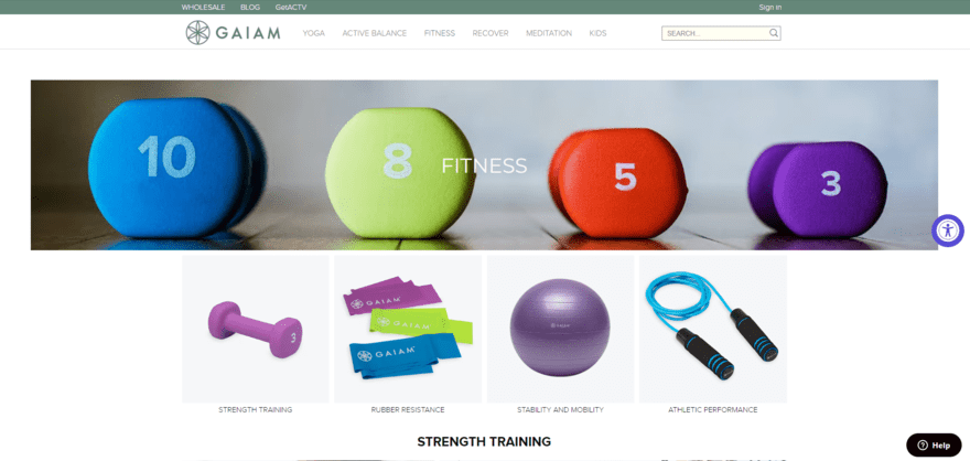 Gaiam homepage featuring its most popular fitness products