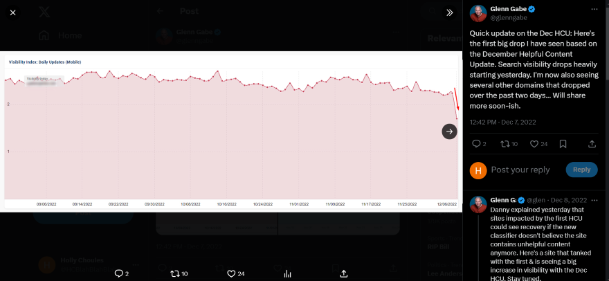 Twitter screenshot of a graph displaying a drop in website visibility.