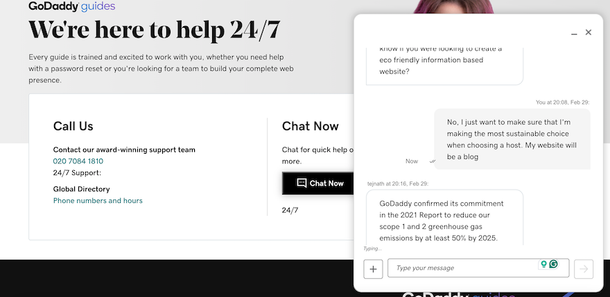 GoDaddy “Contact” page with an ongoing live chat in the right-hand corner.