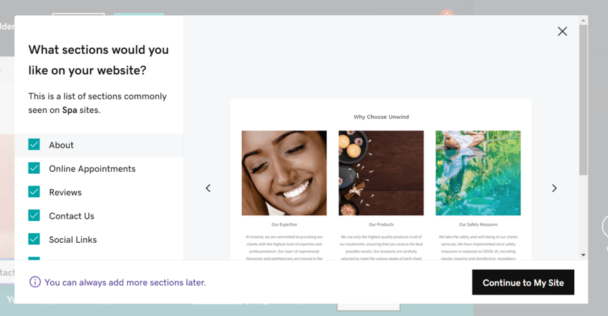 GoDaddy setup page from onboarding asking what sections you'd like on your site