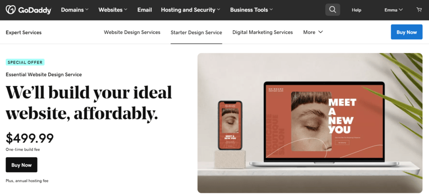 GoDaddy's Essential Web Design Service homepage showing the price and a button to "buy now"