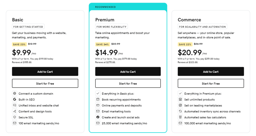 GoDaddy's three website builder pricing plans.