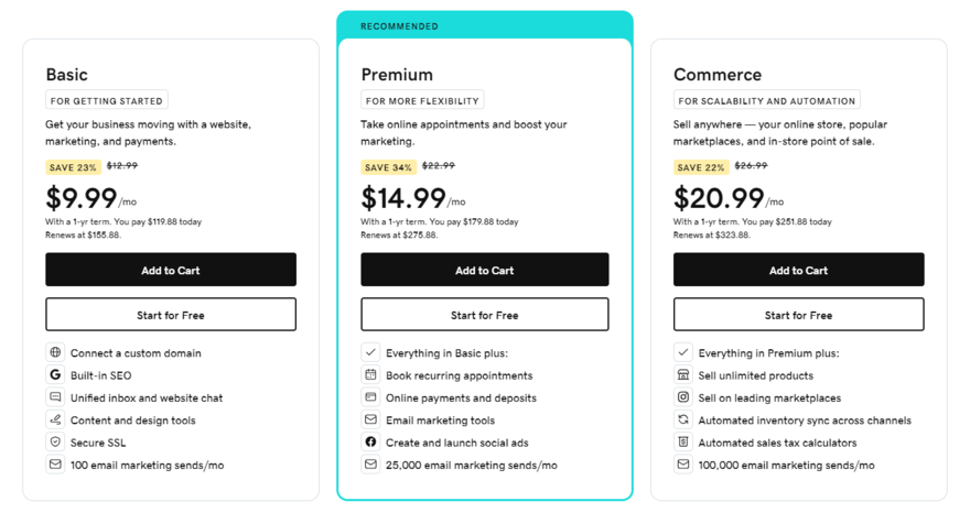 Three GoDaddy plans listing prices and features for each one