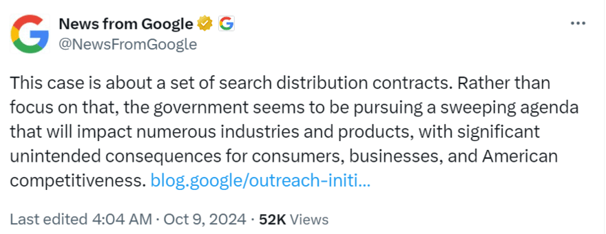 Post on X by @NewsFromGoogle about the DOJ proposals