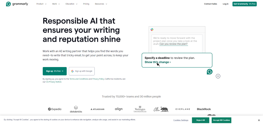 Screenshot of Grammarly's homepage showcasing their unique UVP "Responsible AI that ensures your writing and reputation shine".