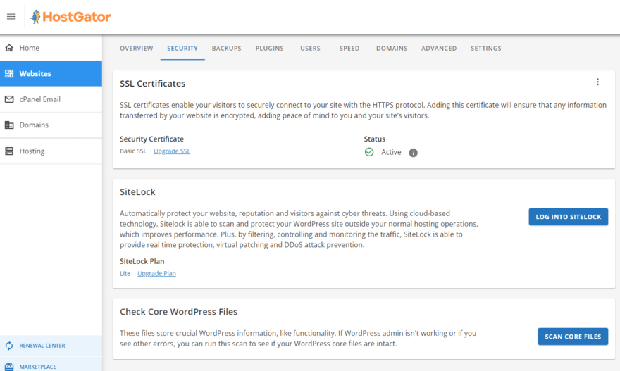 HostGator security settings for a website