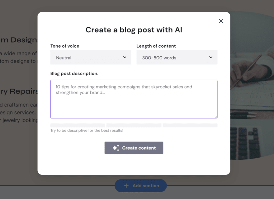 AI blog post creation pop up box in Hostinger