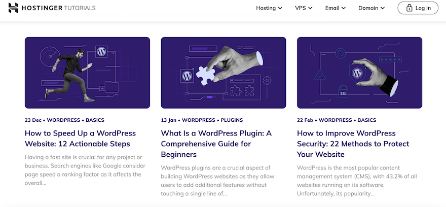 Hostinger’s Tutorials page showing three example tutorials in a tiled format.