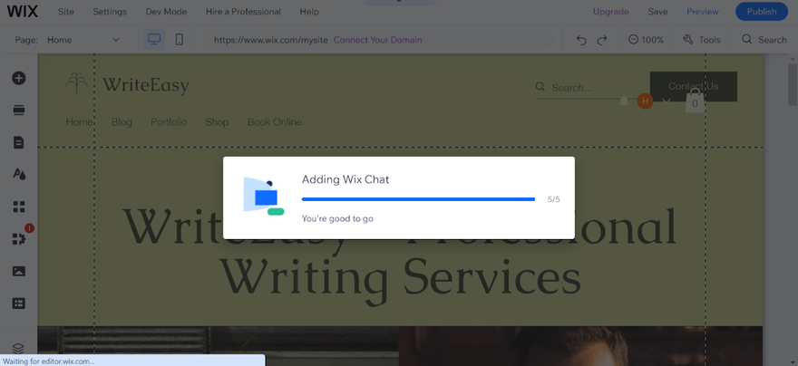 Wix editor showing a progress bar for installing the Wix Chat app to a site