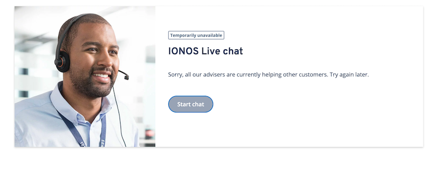 The IONOS live chat page, with a message saying that the IONOS live chat is unavailable.