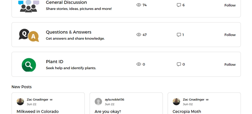 Community forum page on Kentucky Native Plants Project showing three different forums and recent posts from readers