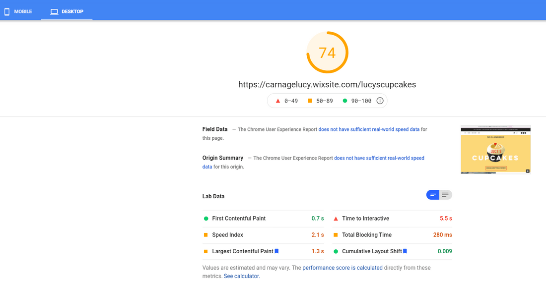 lucys cupcakes desktop pagespeed score