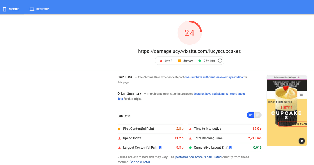 lucys cupcakes mobile pagespeed score