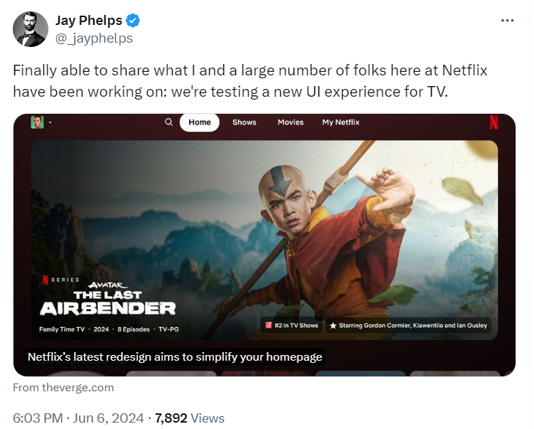 Tweet by Jay Phelps showing a link to an article from The Verge about Netflix's redesign