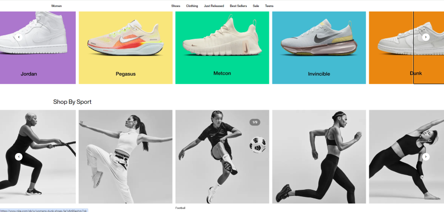 Screenshot of Nike's homepage showcasing Nike trainers and photos of models wearing Nike sportswear