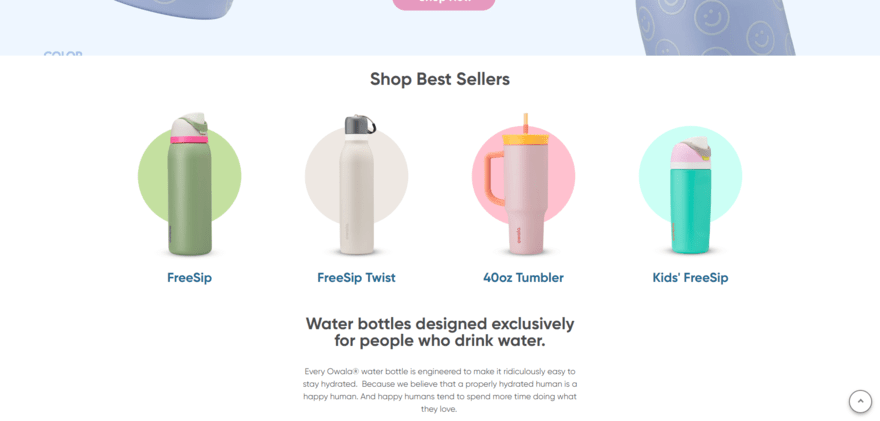 Owala homepage presenting its four best selling reusable water bottles