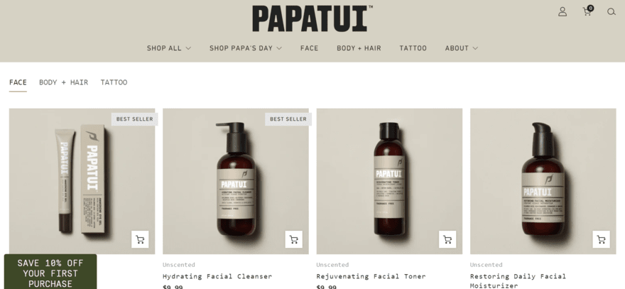 Papatui website homepage showing a line of product photos of men's skincare and grooming products