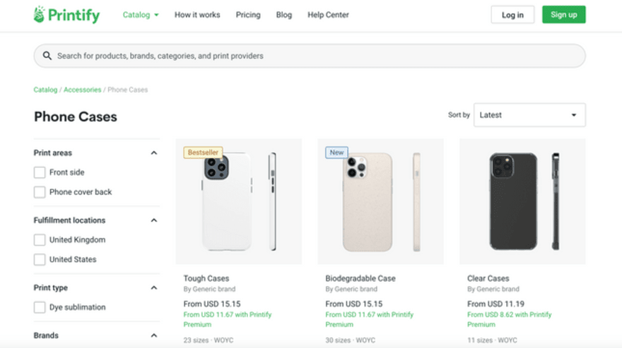 Selection of phone case products on Printify's website