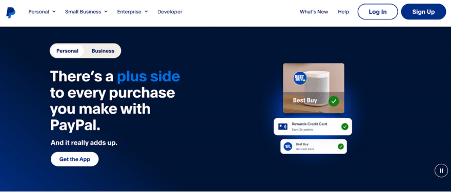 Webpage header from PayPal promoting benefits of using their service with a slogan, option to download the app, and an illustration of a rewards credit card from Best Buy.