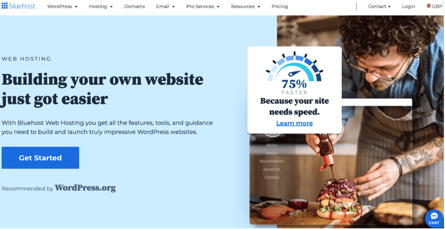Bluehost homepage banner stating "Building your own website just got easier," with a "Get Started" button, recommended by WordPress.org, and a 75% faster claim.