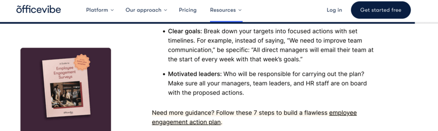 Officevibe informational page with a link to an employee engagement action plan